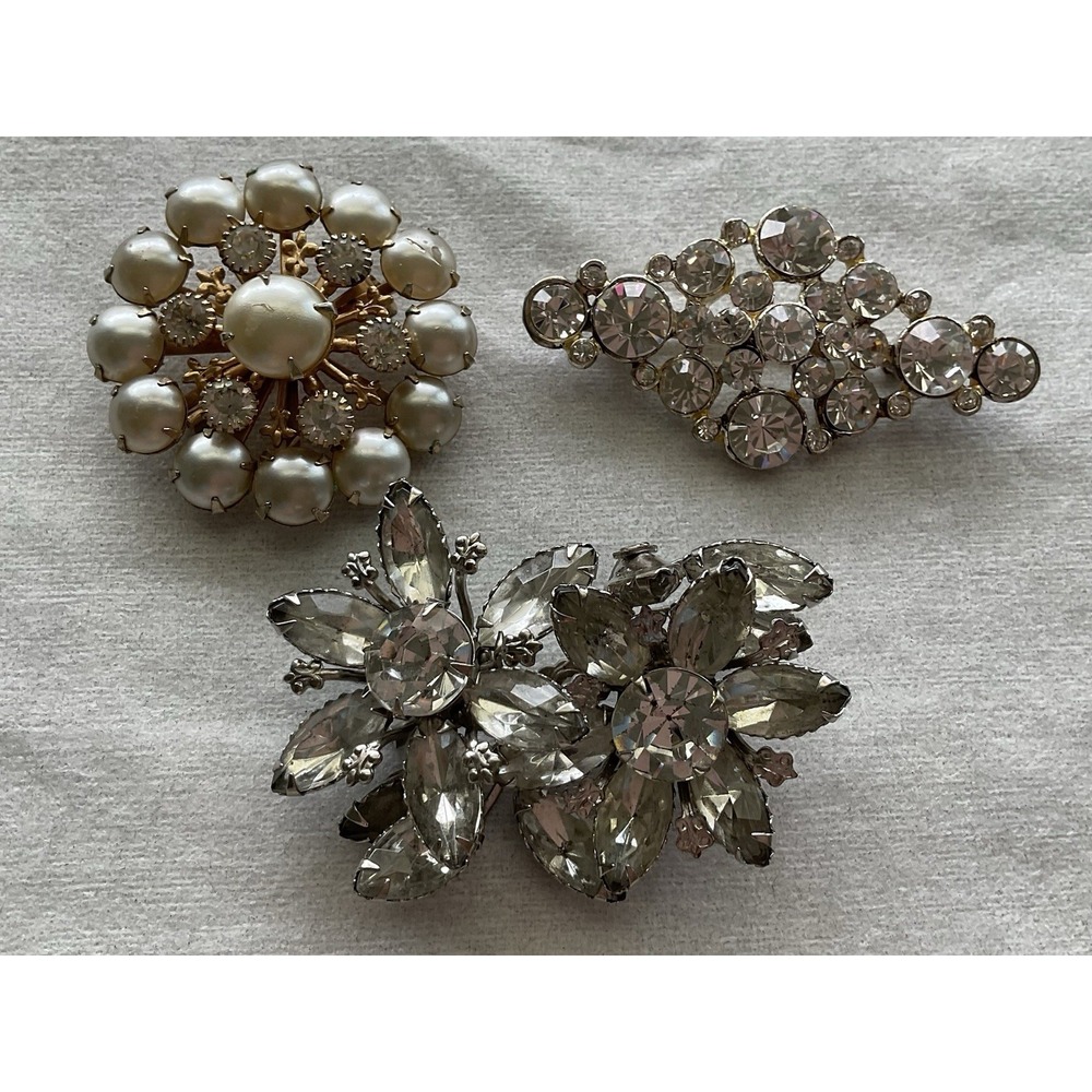 Lot Of 3 Vintage Brooch Pins Crystal Rhinestone Estate Jewelry